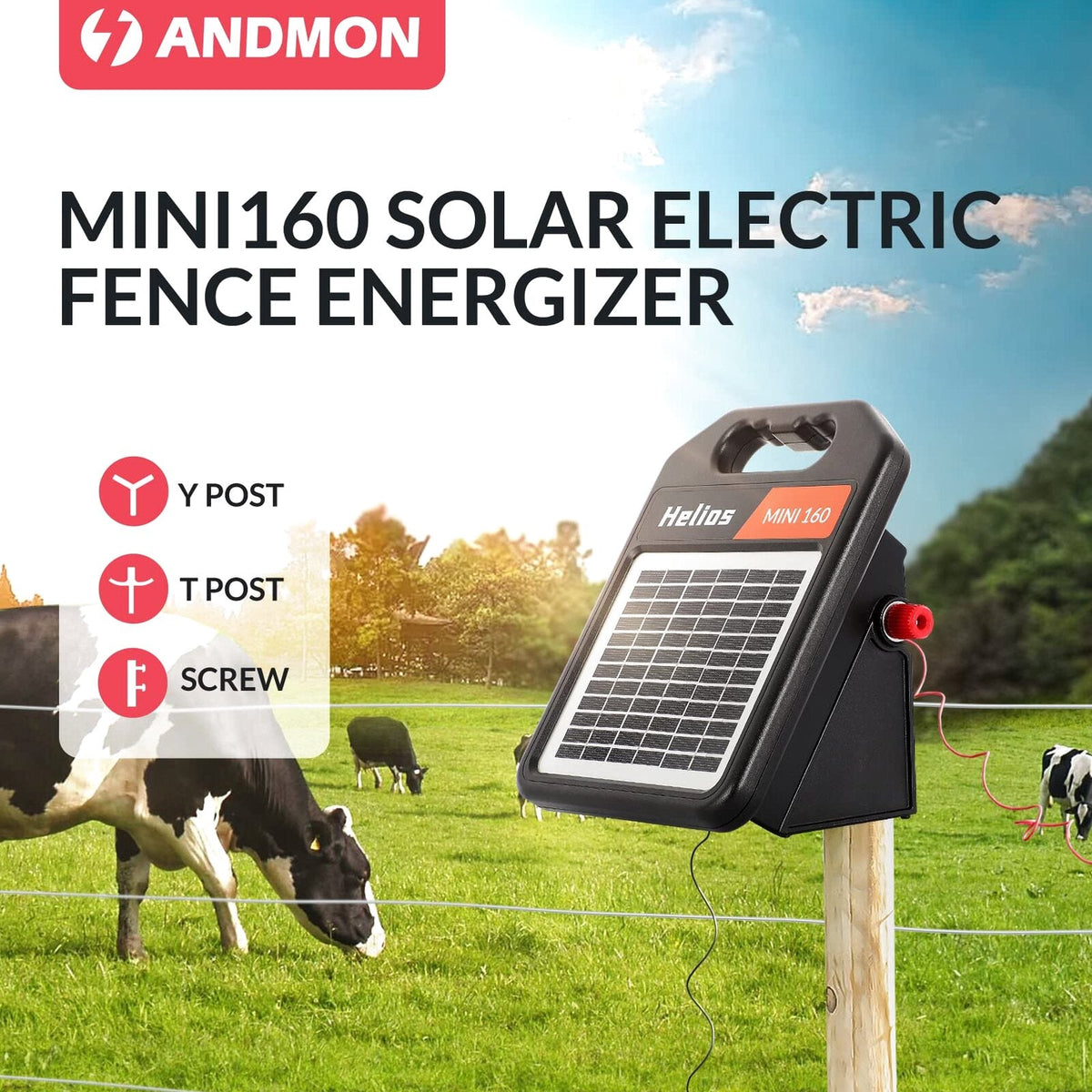 ANDMON Solar Electric Fence Charger, 10 Miles, 0.16J, Day/Night Mode - MINI160