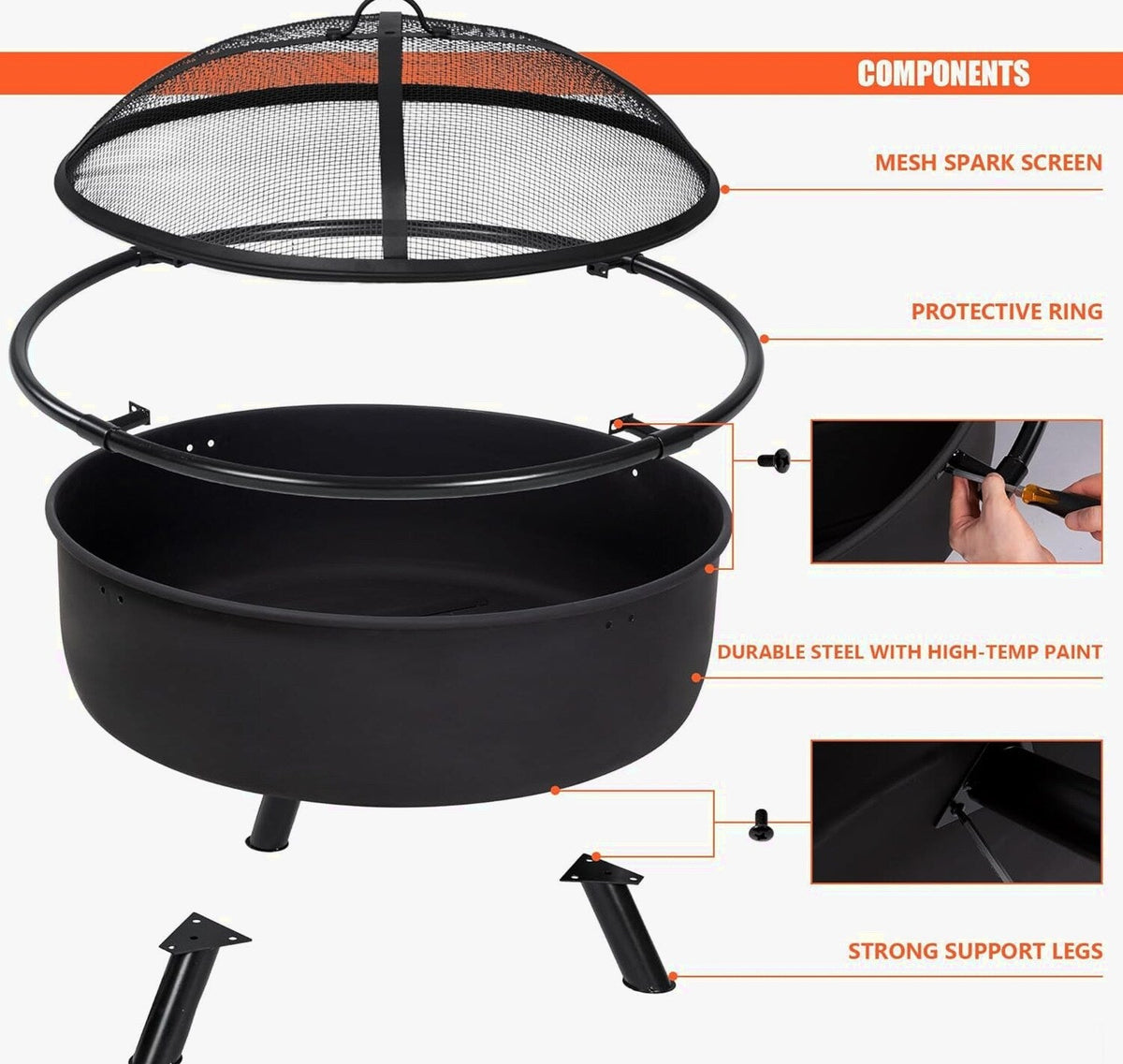 SUNCREAT 42 Inch Star Pattern Wood Burning Patio Fire Pit With Mesh Spark Screen And Poker, Black