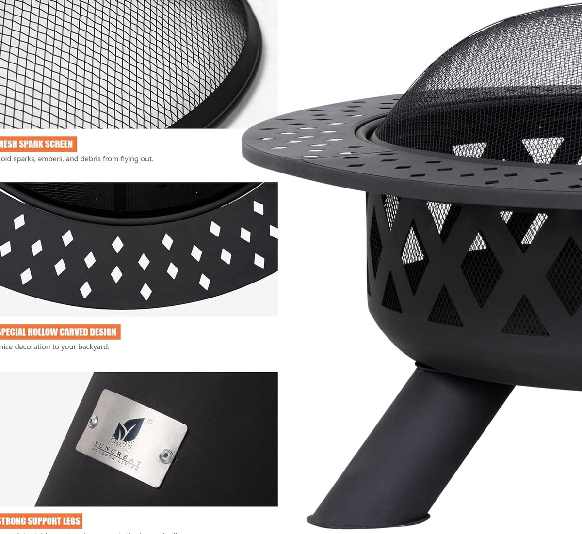 SUNCREAT 42 Inch Star Pattern Wood Burning Patio Fire Pit With Mesh Spark Screen And Poker, Black