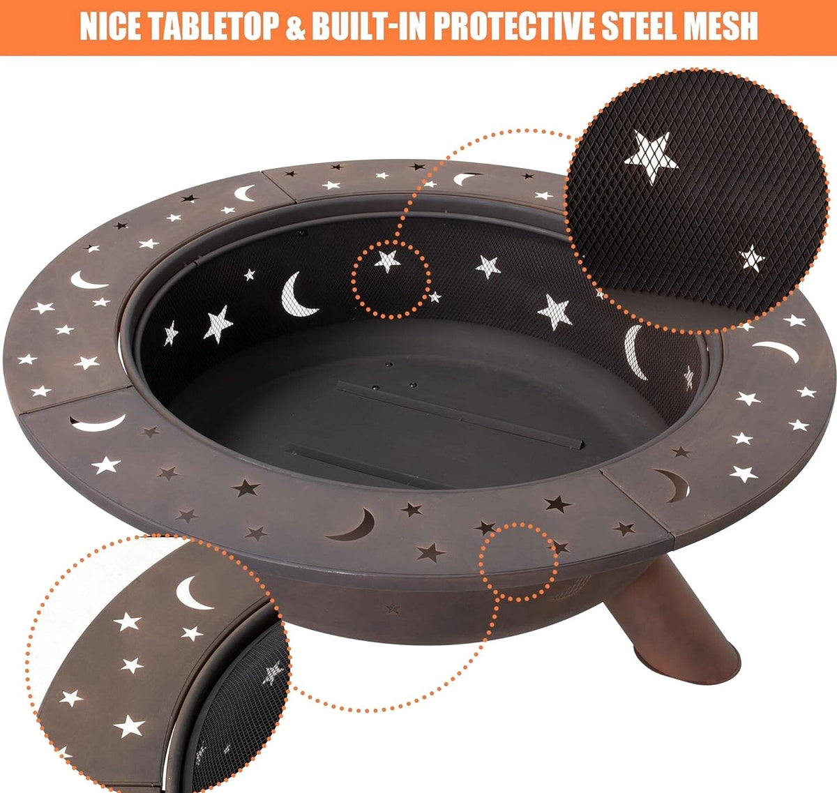 SUNCREAT 42 Inch Star Pattern Wood Burning Patio Fire Pit With Mesh Spark Screen And Poker, Black