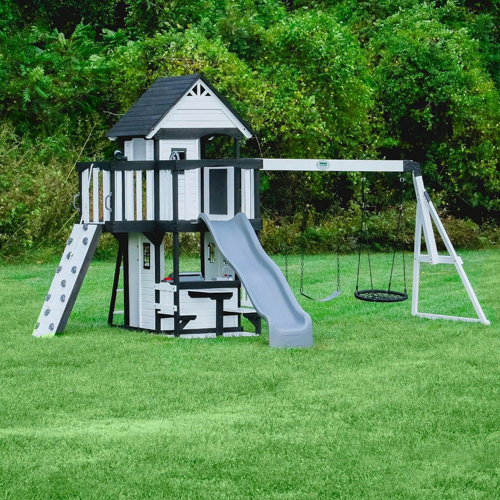 Backyard Discovery Canyon Creek Cedar Wood Swing Set With 8-Foot Wave Slide, Clubhouse And Play Kitchen