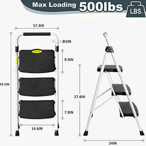 SocTone 3 Step Folding Step Ladder With Handle - 500 lb Capacity