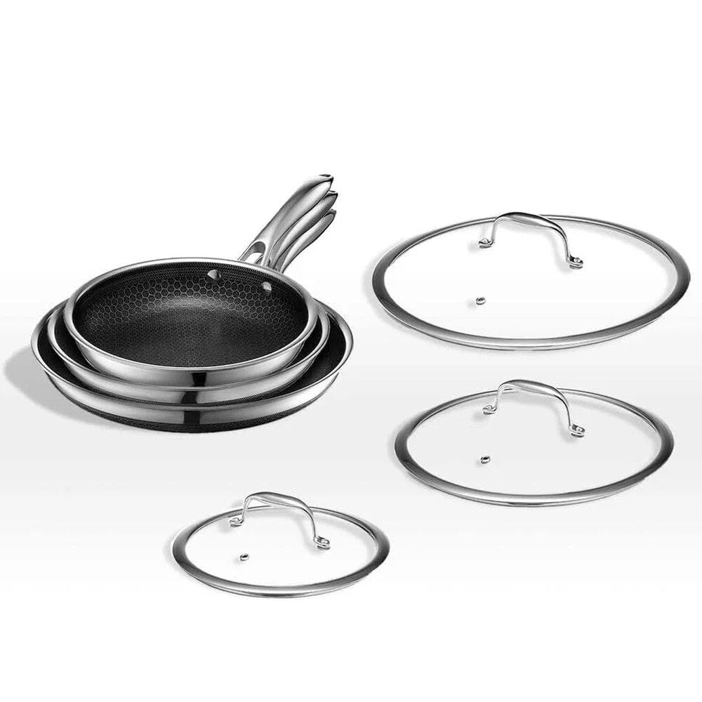 HexClad 6 Piece Hybrid Stainless Steel Cookware Pan Set, 8 inch, 10 inch, 12 inch With Glass Lids - Black