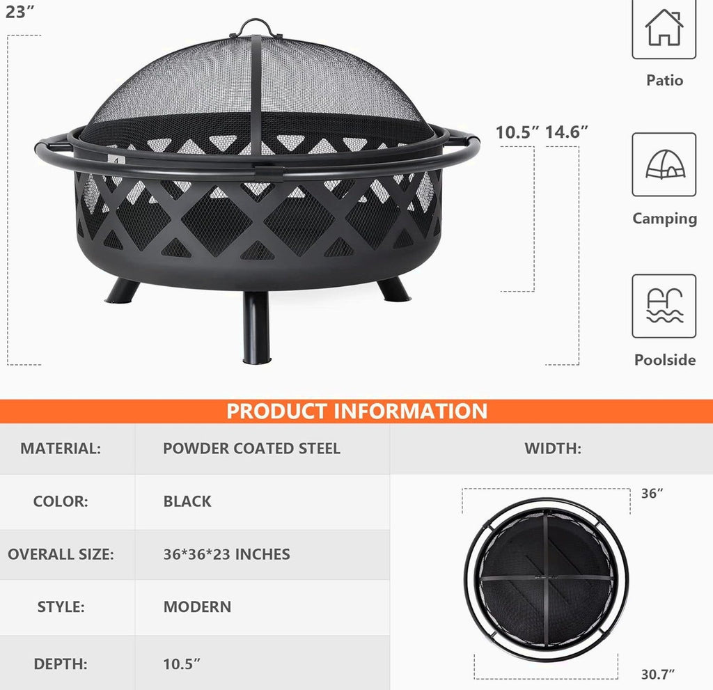 SUNCREAT 42 Inch Star Pattern Wood Burning Patio Fire Pit With Mesh Spark Screen And Poker, Black