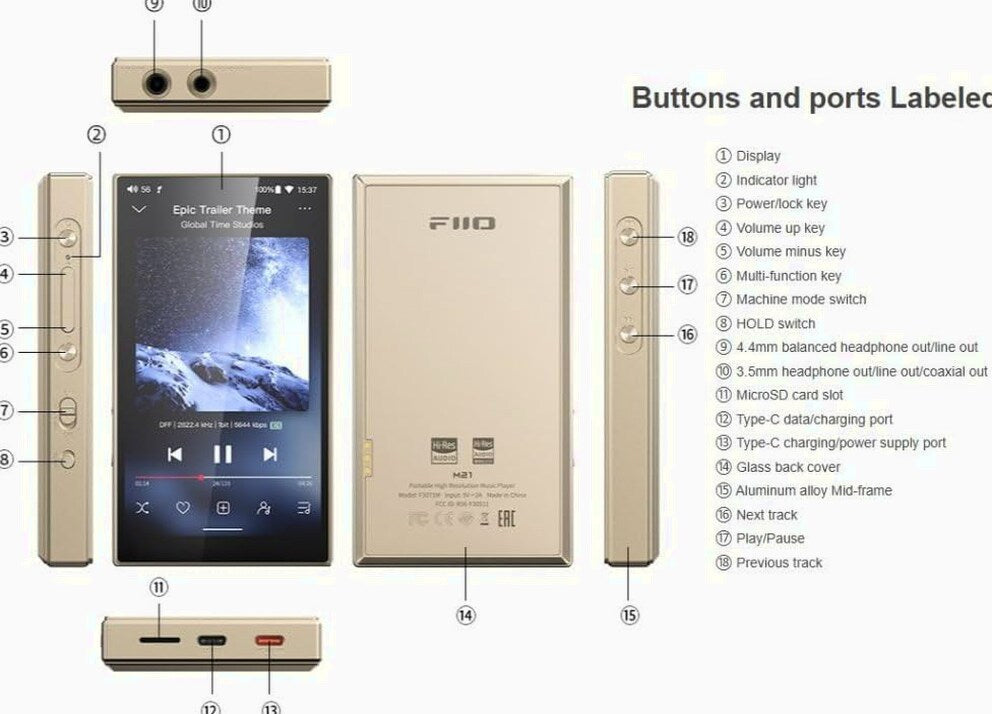 FiiO Hi-Res Music Player, Android 13, Snapdragon 680, 64 GB, Blue-Black - M21