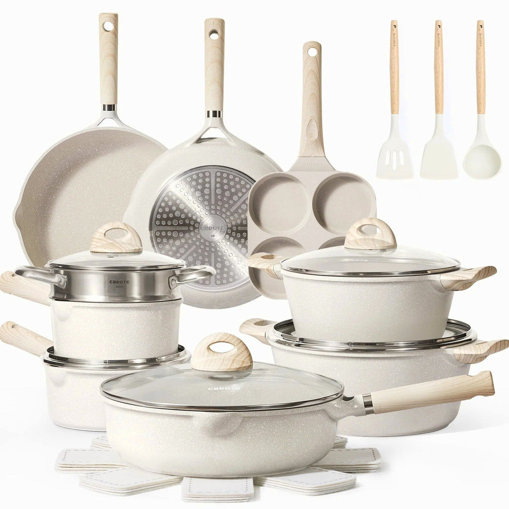 Carote 21-Piece Nonstick Granite Cookware Set, Induction Compatible, Beige