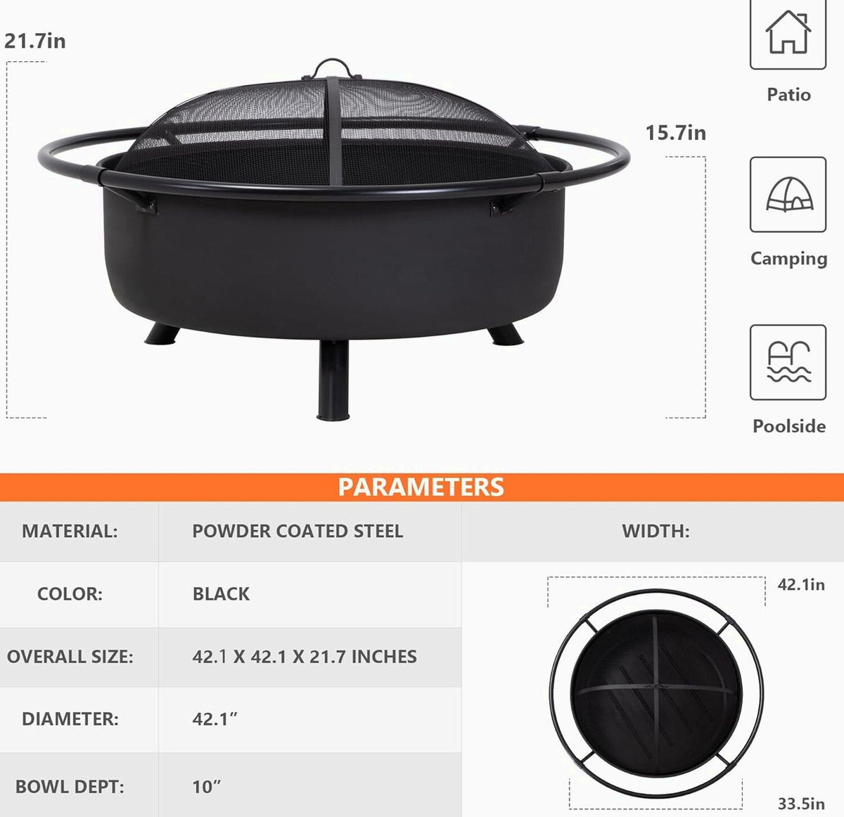 SUNCREAT 42 Inch Star Pattern Wood Burning Patio Fire Pit With Mesh Spark Screen And Poker, Black