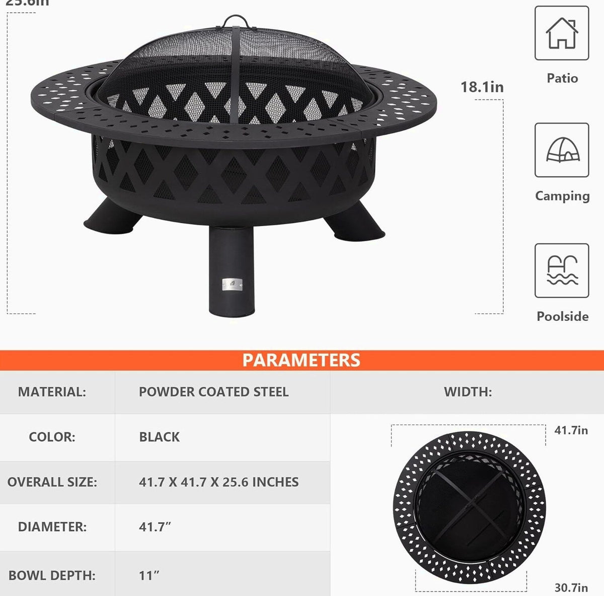 SUNCREAT 42 Inch Star Pattern Wood Burning Patio Fire Pit With Mesh Spark Screen And Poker, Black