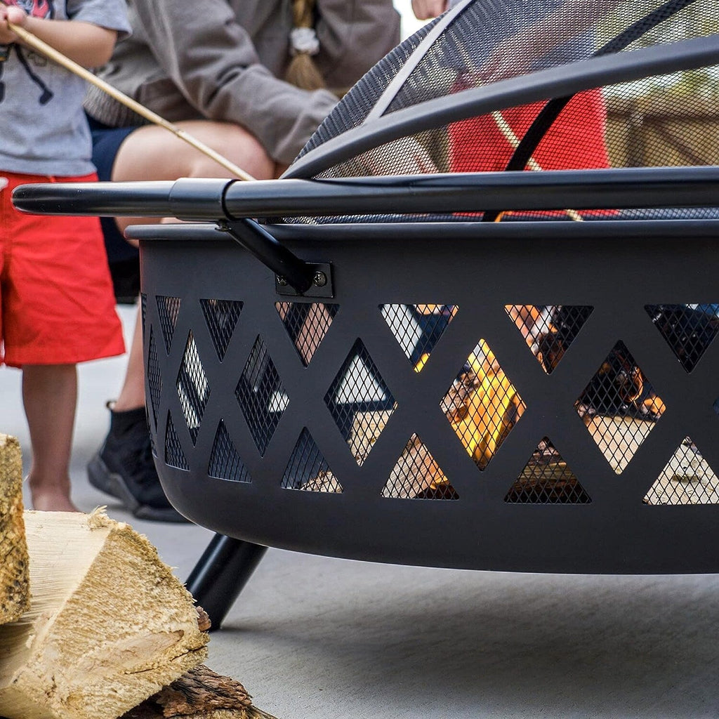 SUNCREAT 42 Inch Star Pattern Wood Burning Patio Fire Pit With Mesh Spark Screen And Poker, Black