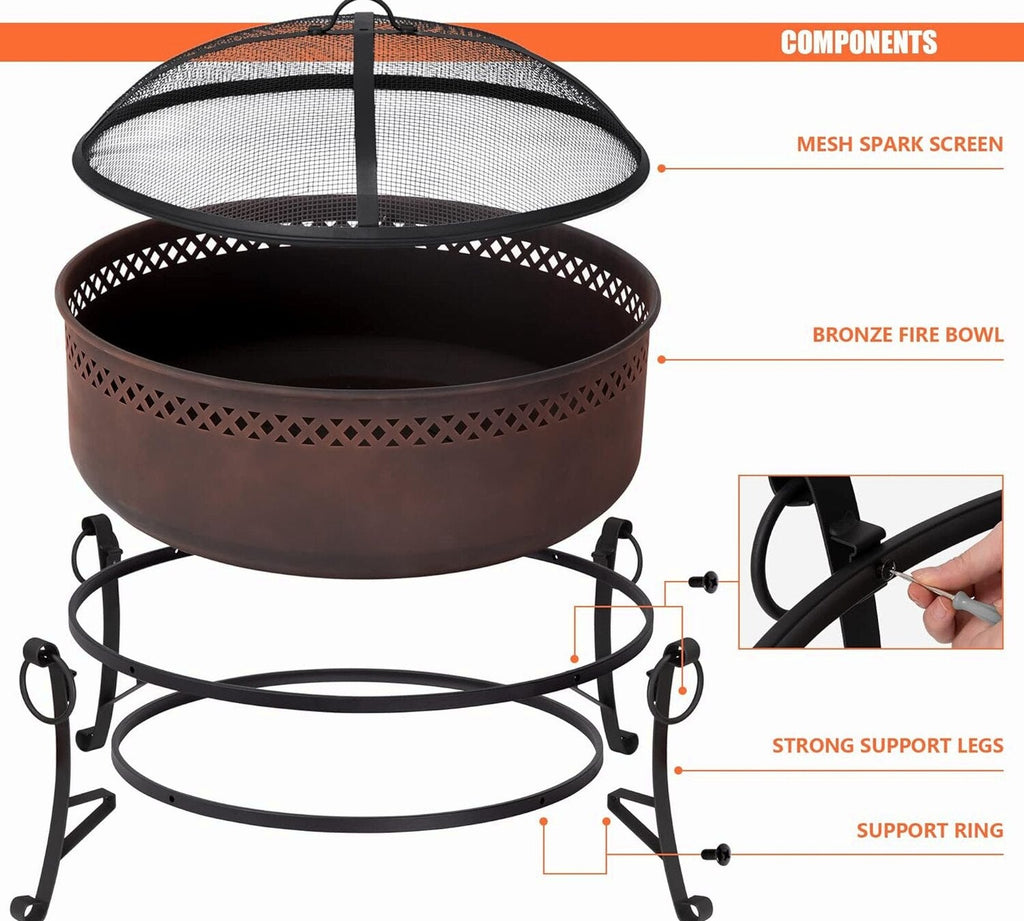 SUNCREAT 42 Inch Star Pattern Wood Burning Patio Fire Pit With Mesh Spark Screen And Poker, Black