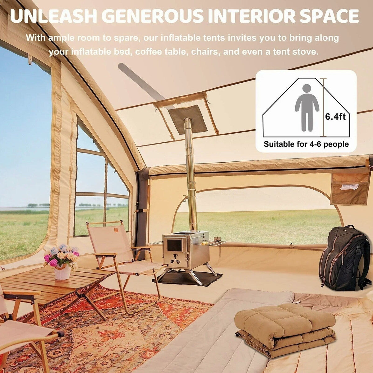 ABORON 6 Person Inflatable Camping Tent With Pump, 10ft x 7ft, 4 Season, Oxford - Glamping Family Tent