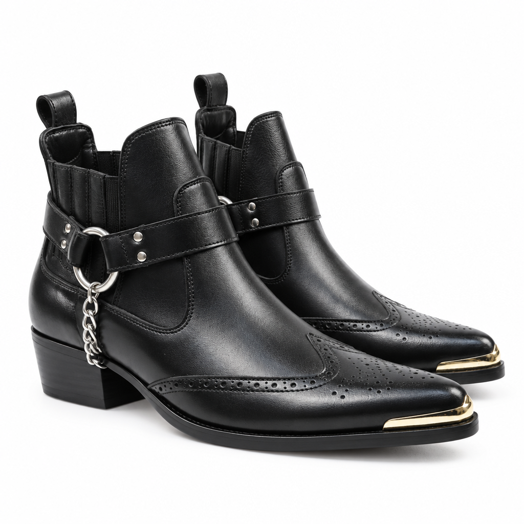 Black Chain Harness Western Ankle Boots