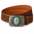 Tooled Leather Belt with Turquoise-Tone Buckle