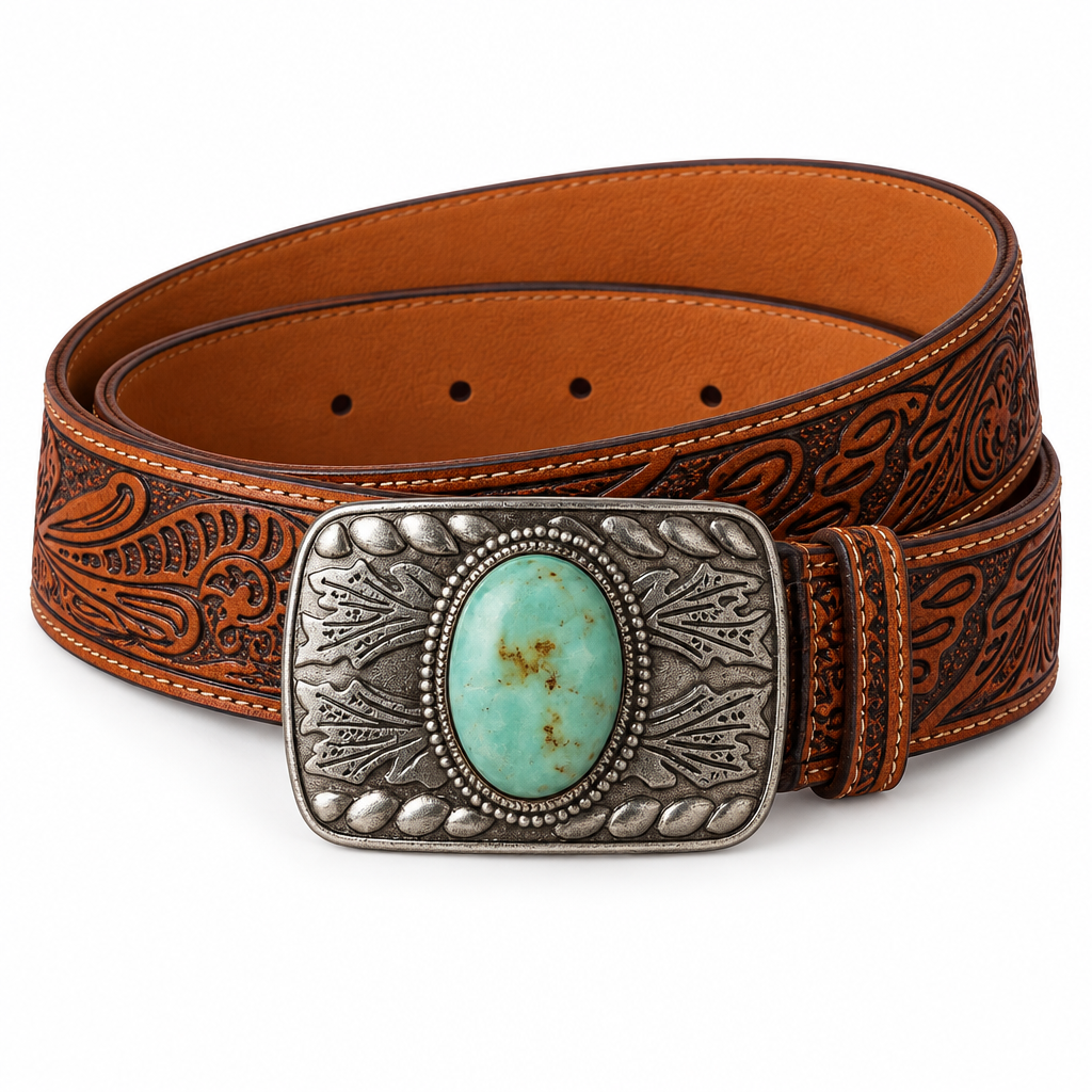 Tooled Leather Belt with Turquoise-Tone Buckle