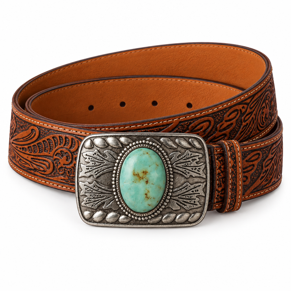 Tooled Leather Belt with Turquoise-Tone Buckle