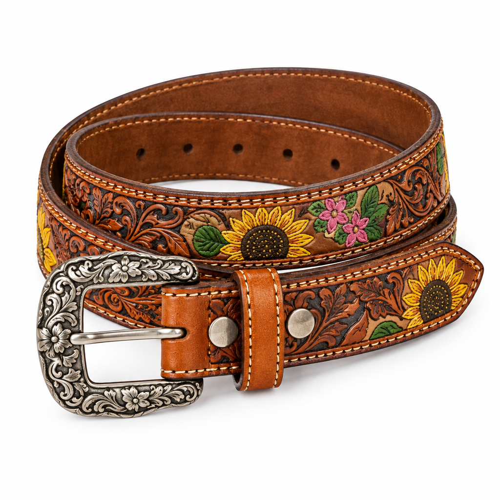 Floral Tooled Cowhide Belt