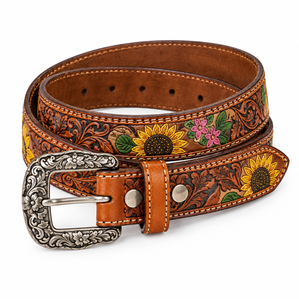 Floral Tooled Cowhide Belt