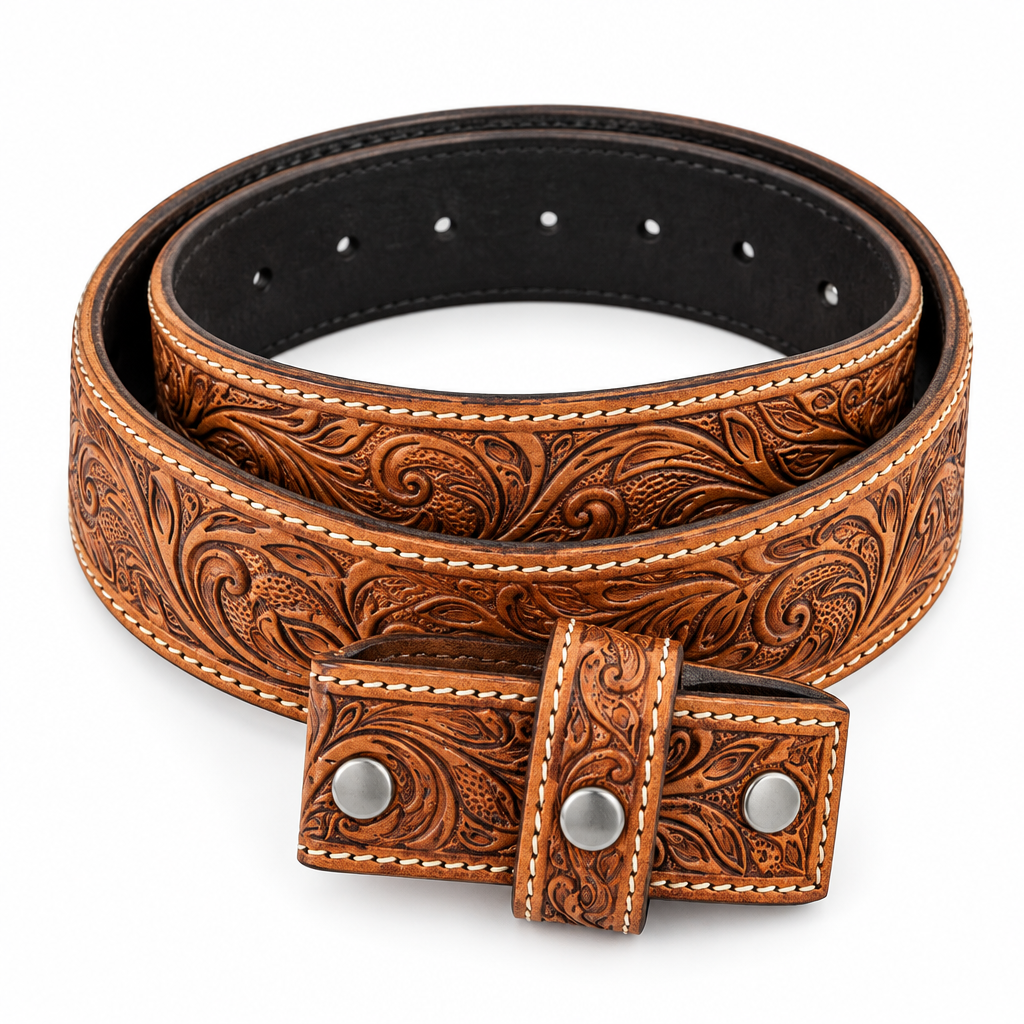Western Floral Tooled Belt Strap