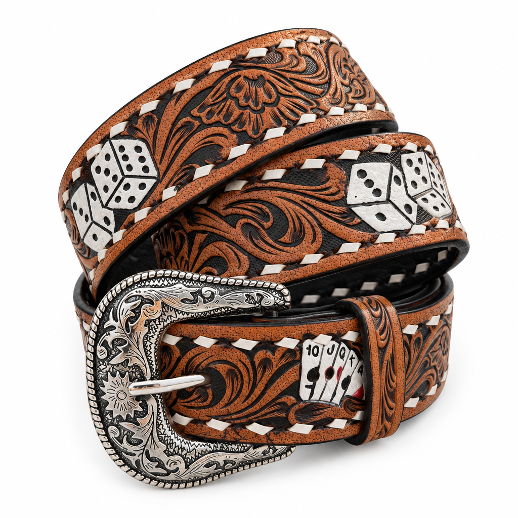 Cards and Dice Tooled Leather Belt