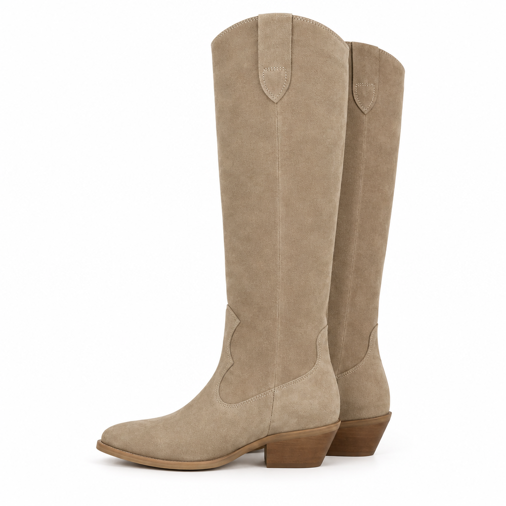 Beige Suede Knee High Cowboy Boots