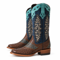 Turquoise Embroidered Square Toe Cowgirl Boots