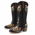 Black Floral Embroidered Square Toe Cowgirl Boots