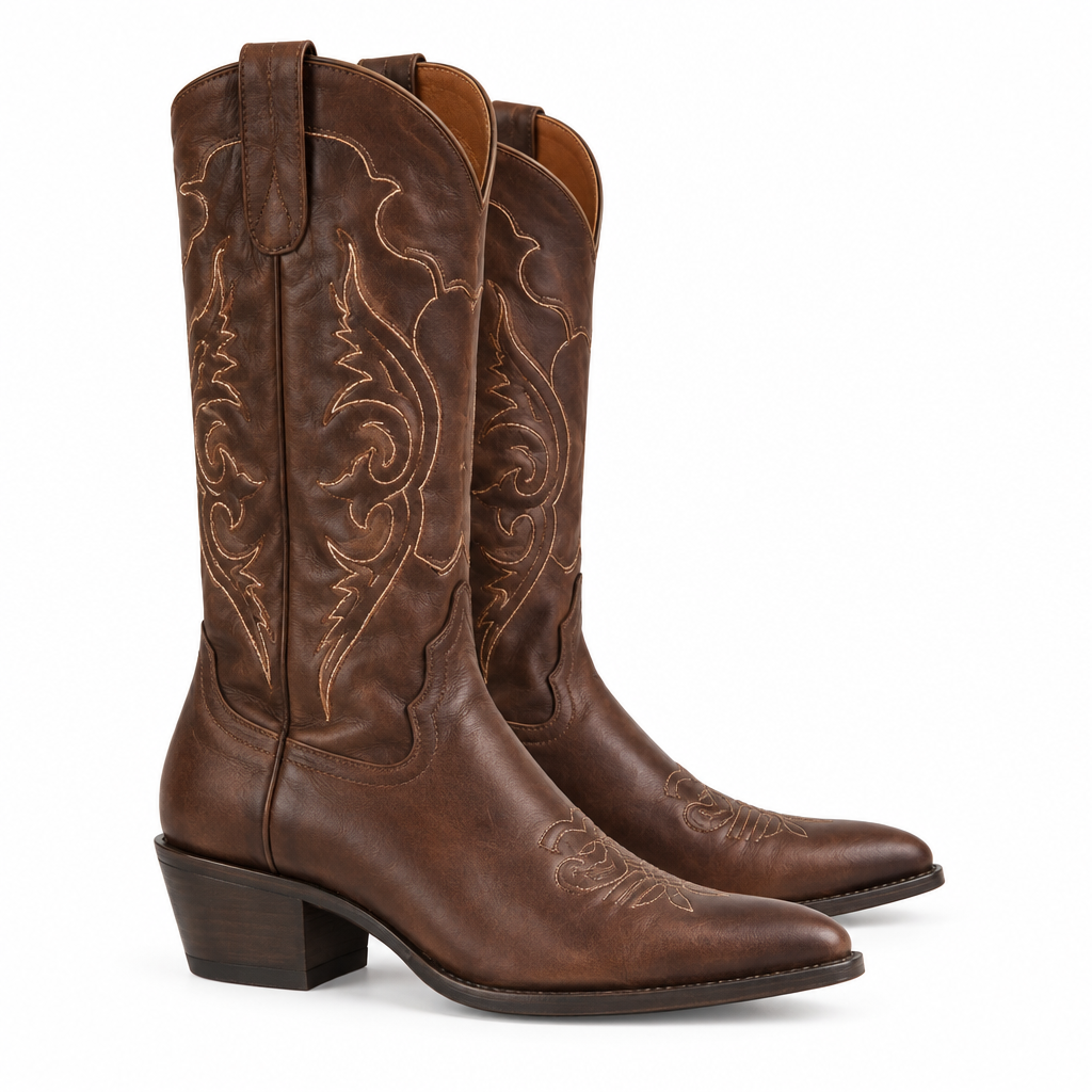 Brown Leather Embroidered Pointed Toe Cowgirl Boots