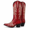 Red Floral Embroidered Mid Calf Cowgirl Boots