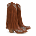 Fringe Knee High Cowgirl Boots with Turquoise Stitching