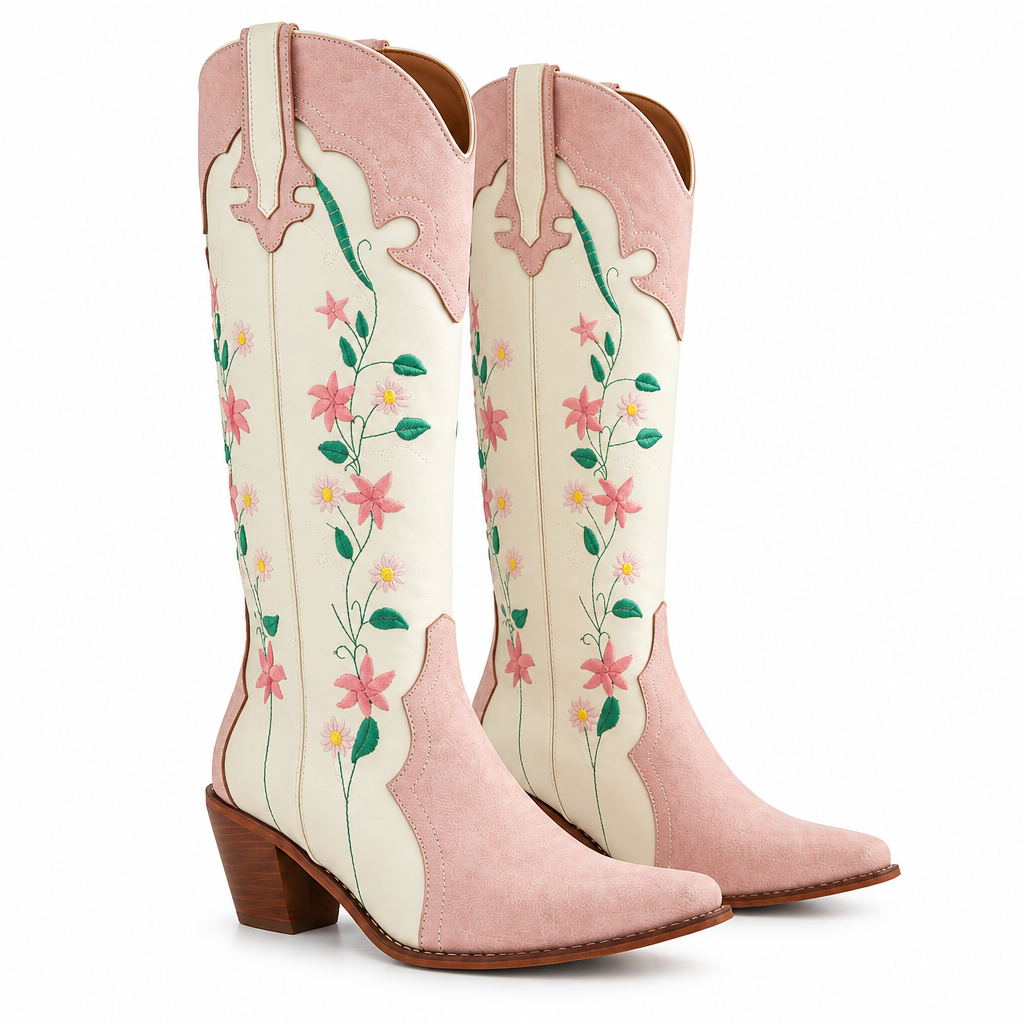 Pink Floral Cream Cowgirl Boots
