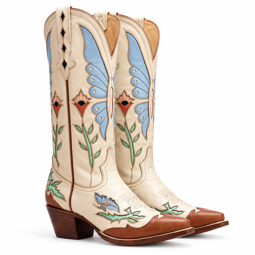 Butterfly Embroidered Leather Cowboy Boots