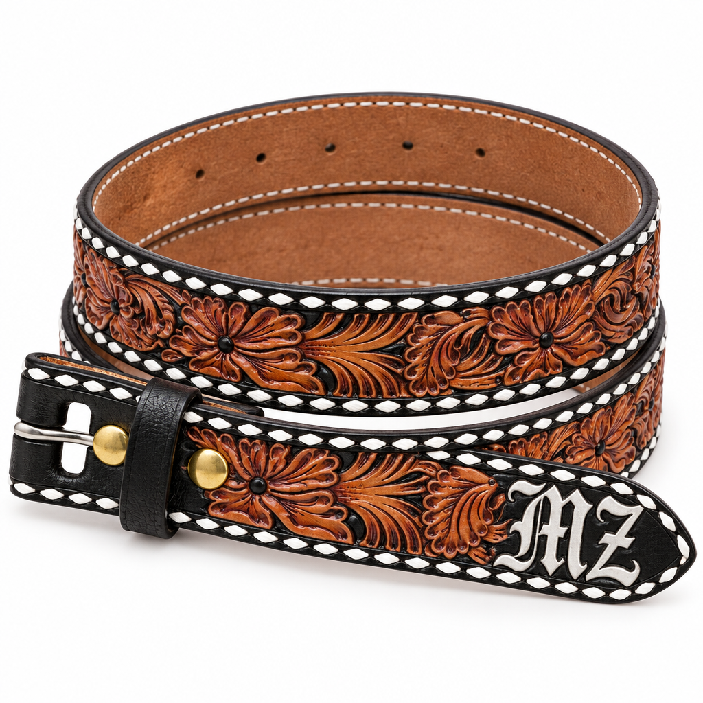 Hand Carved Floral Belt with Buckstitch Border
