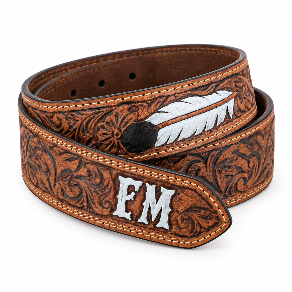 Hand Tooled Feather Belt with Initials