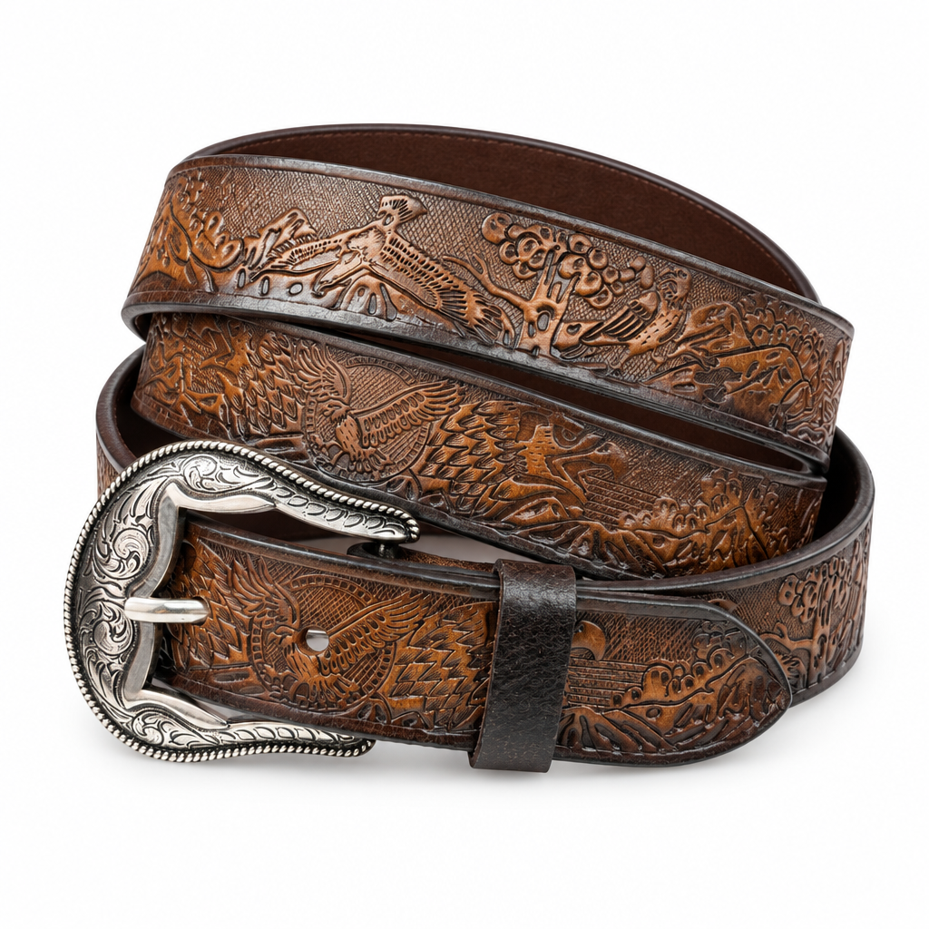 Carved Floral Leather Belt with Removable Buckle