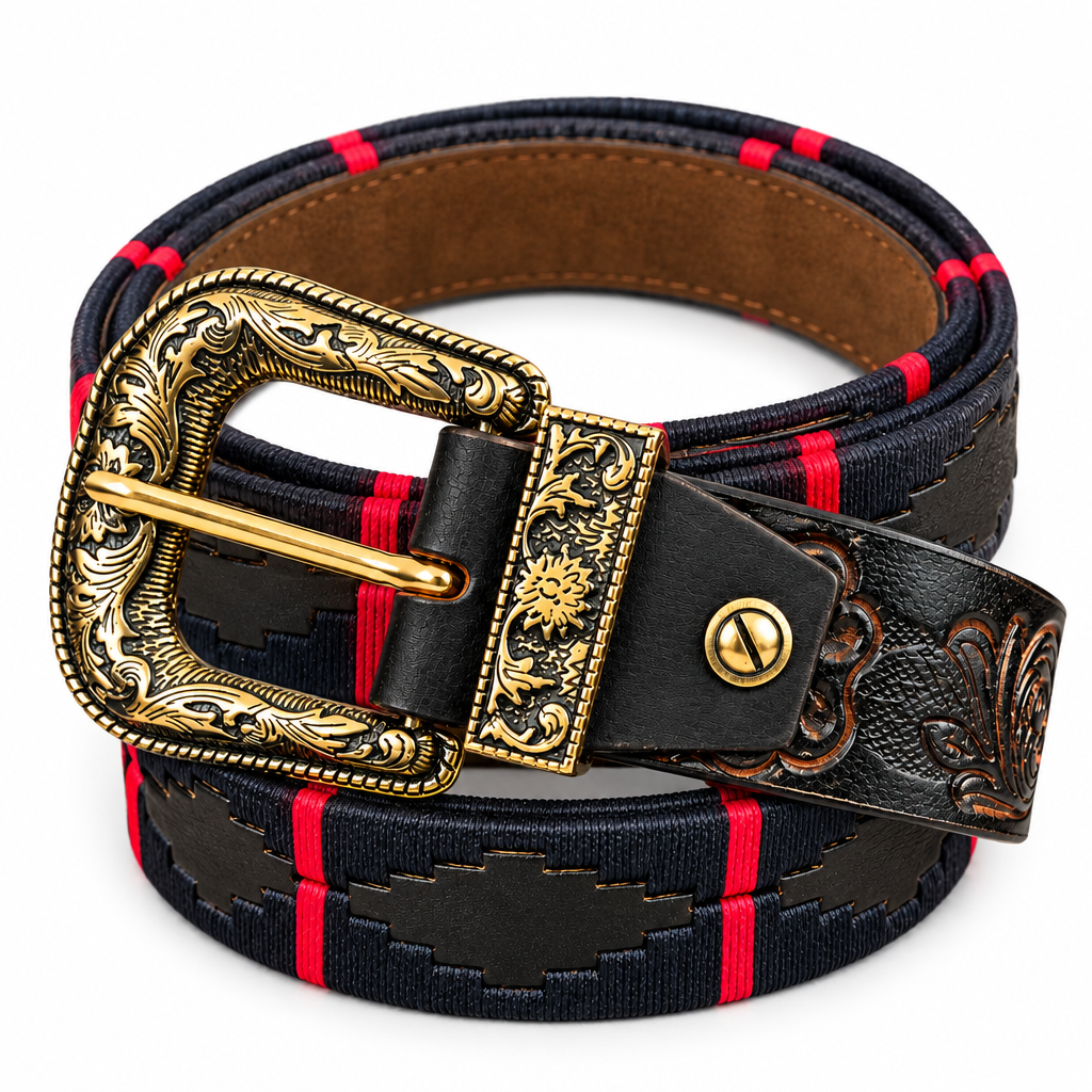 Hand Tooled Polo Belt with Ornate Buckle