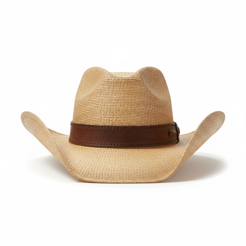 Classic tan straw cowboy hat with brown leather band