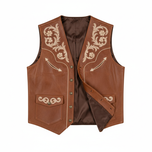 Men's brown genuine leather western vest with decorative stitching