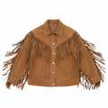 Women's tan suede fringe jacket with brown fringe details