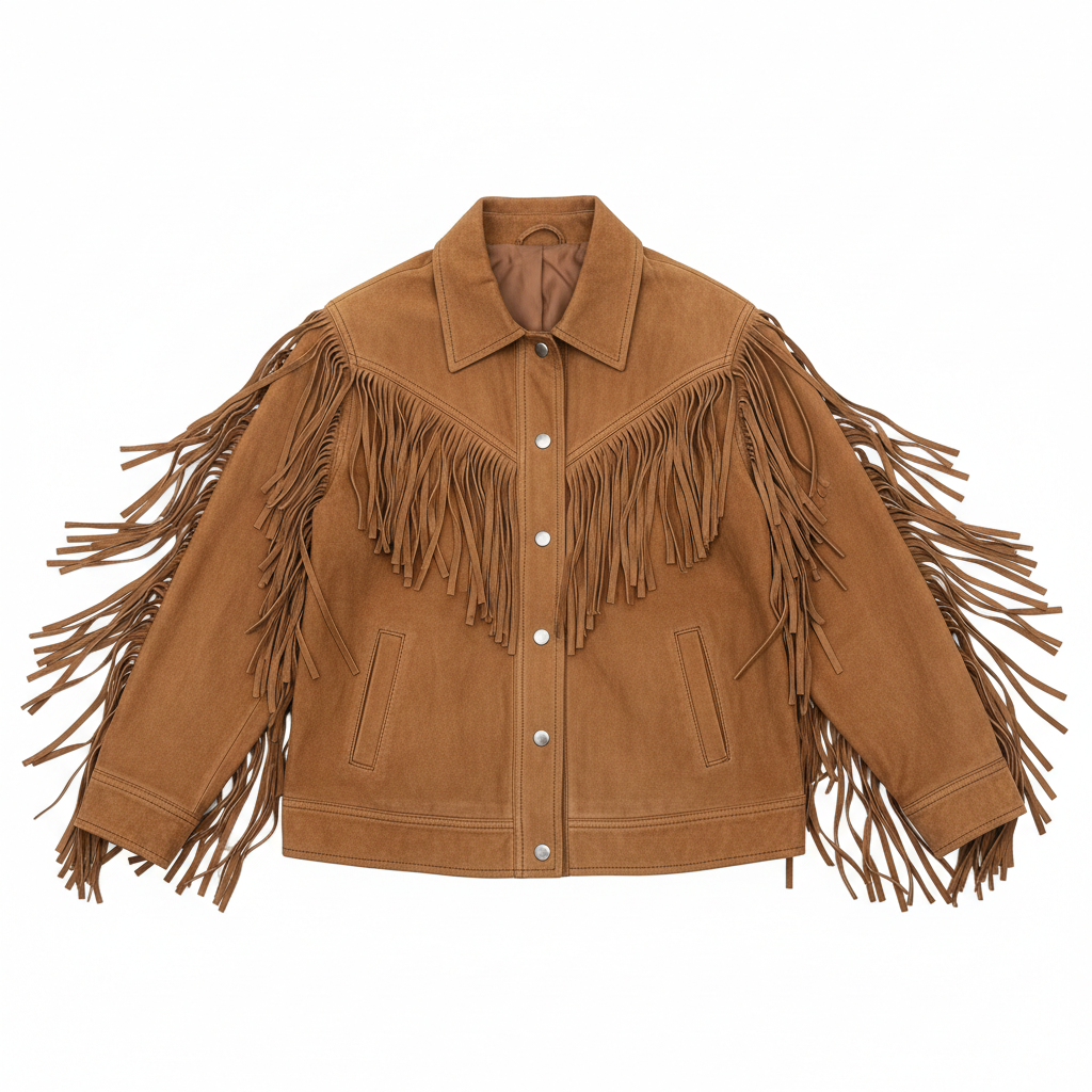 Women's tan suede fringe jacket with brown fringe details