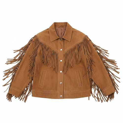 Women's tan suede fringe jacket with brown fringe details