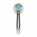 Silver concho bolo tie with turquoise stone and braided leather cord