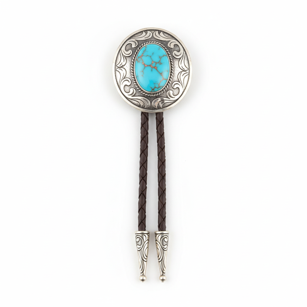Silver concho bolo tie with turquoise stone and braided leather cord