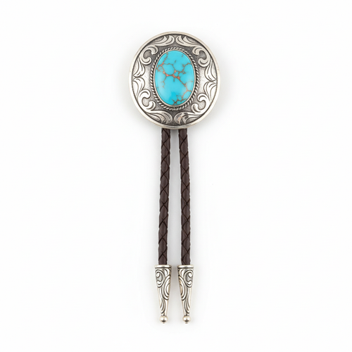 Silver concho bolo tie with turquoise stone and braided leather cord