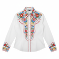 Women's white western blouse with colorful floral embroidery and pearl snap buttons