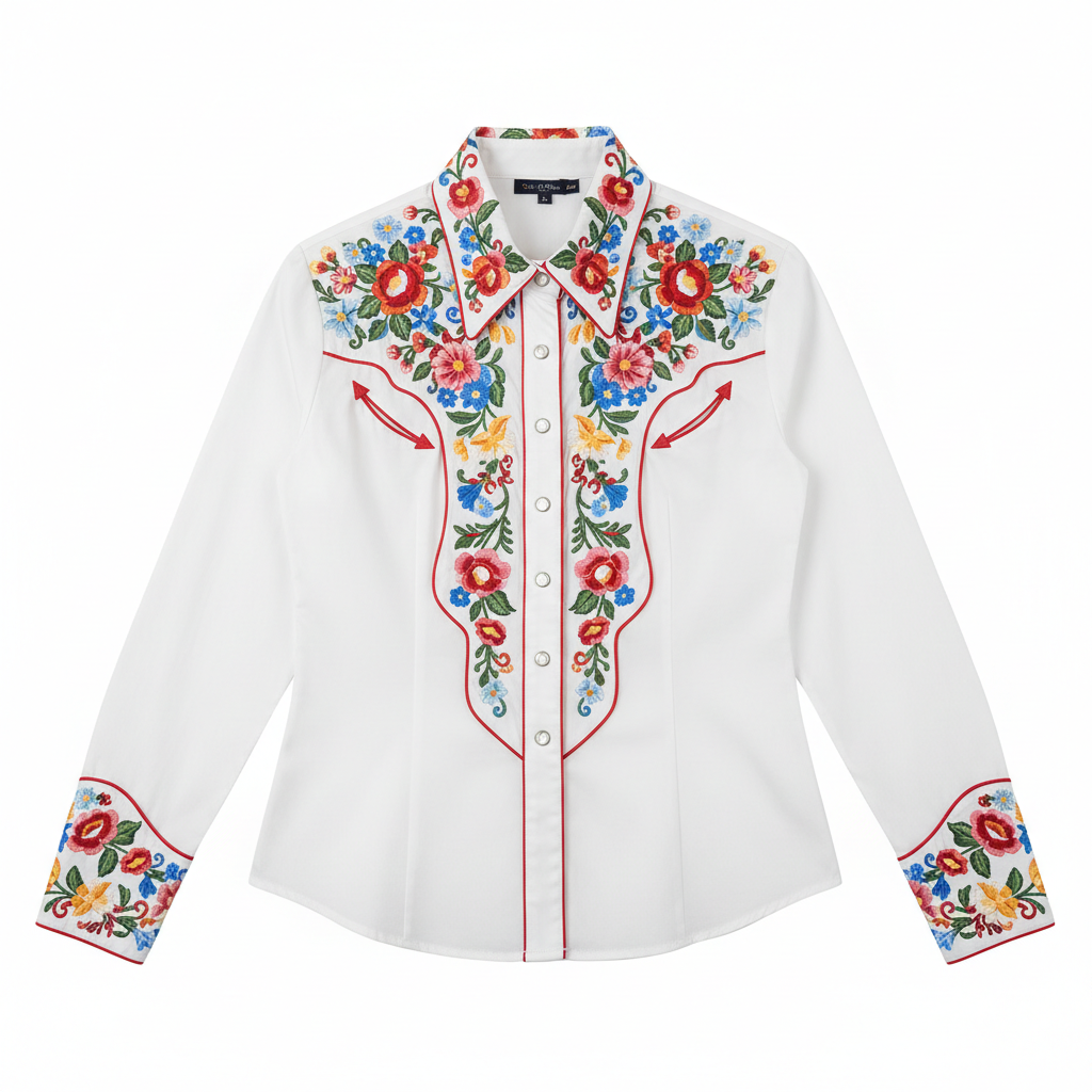 Women's white western blouse with colorful floral embroidery and pearl snap buttons