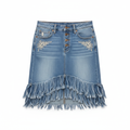 Women's light blue wash western denim skirt with fringe hem
