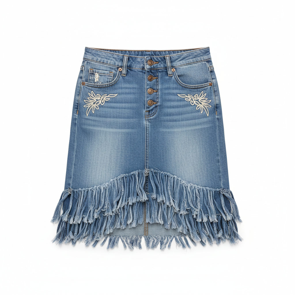 Women's light blue wash western denim skirt with fringe hem
