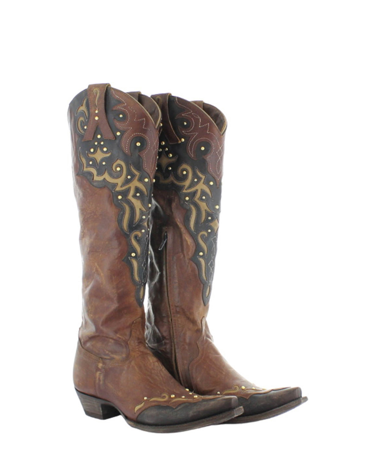 Women's Studded Embroidered Over-the-Knee Cowgirl Boots - Brass