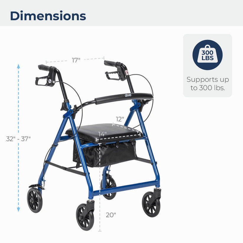 Drive Medical 4-Wheel Rollator Walker With Padded Seat, Backrest And 6-Inch Wheels - Blue