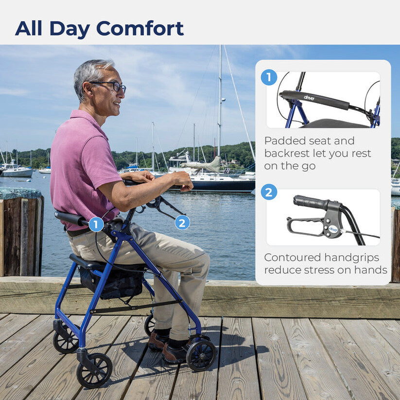 Drive Medical 4-Wheel Rollator Walker With Padded Seat, Backrest And 6-Inch Wheels - Blue